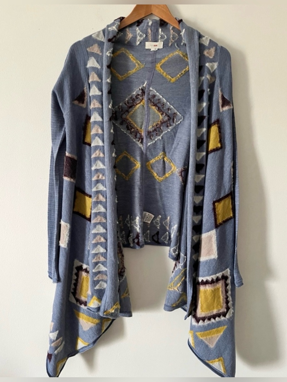 Fiets Voor 2 Blue Brown Yellow Geometric  Textured Wool Blend Open Cardigan M